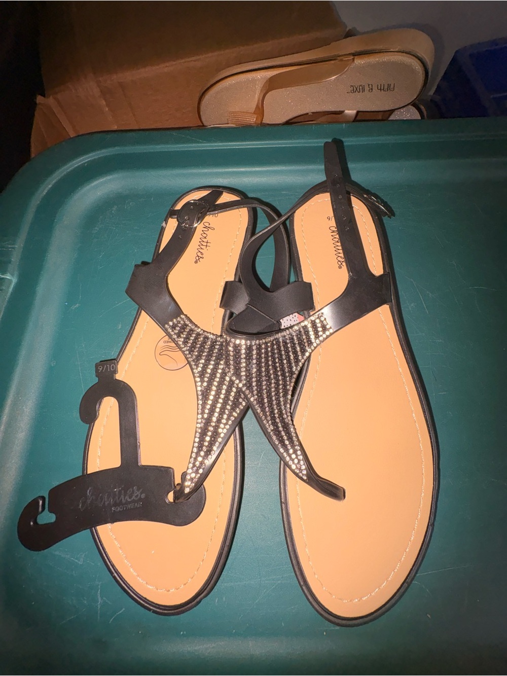 chatties Black T-Strap Rhinestone Flat Sandals